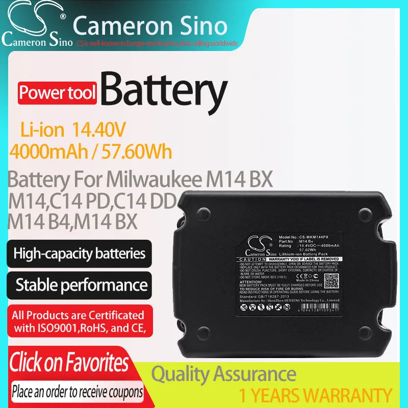 

CameronSino Battery for Milwaukee M14 BX fits Milwaukee M14 C14 PD/DD M14 BX M14 B4 Power Tools Replacement battery4000mAh 14.4V