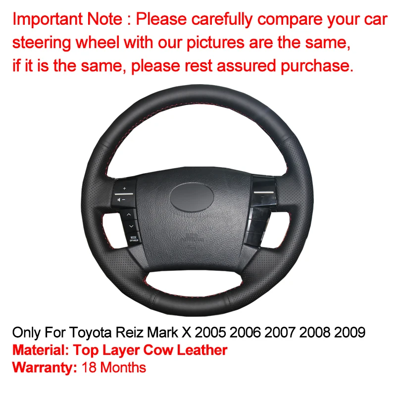 Hand Sewing Car Steering Wheel Cover Top Cow Leather Braid on the Steering wheel For Toyota Reiz Mark X 2005 2006 2007 2008 2009