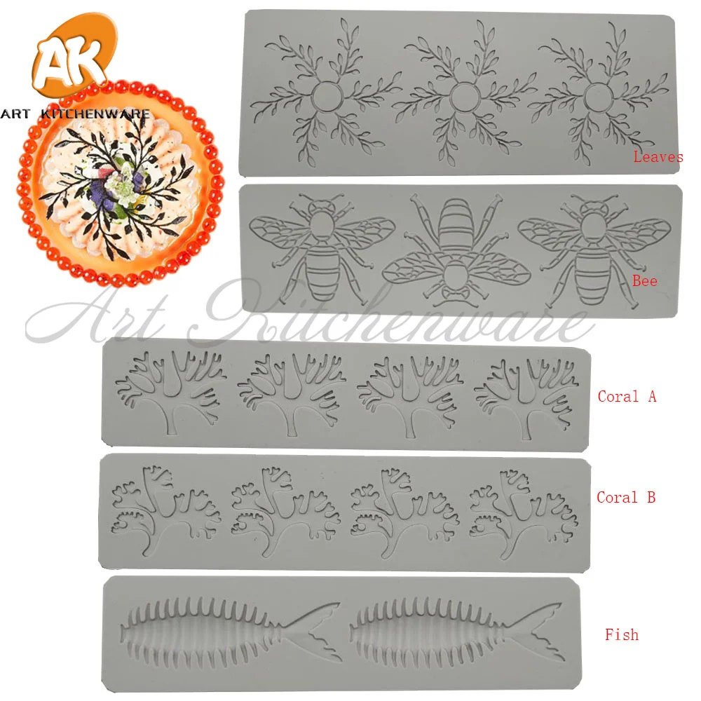 Leaves,Bee, Coral, Fish Design Silicone Cake Lace Mold Cake Decorating Tool Border Decoration Lace Mold kitchen Baking Tool