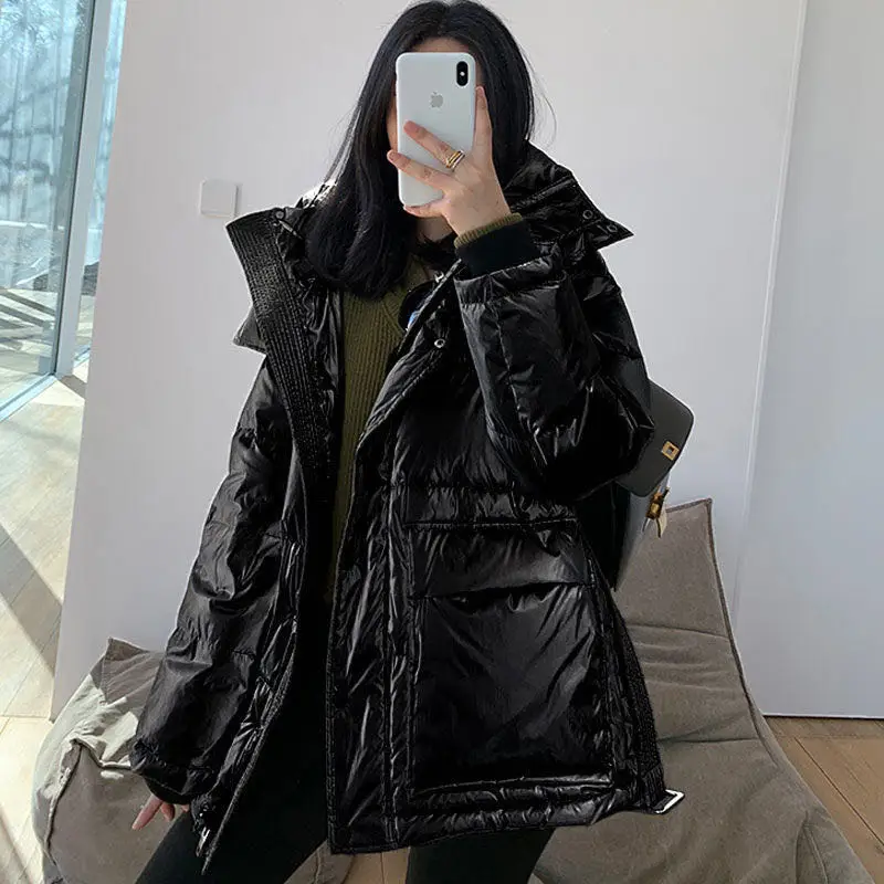 

2021 New Fashion Winter Hooded White Duck Down Jacket Women Shiny Parka Coat Waterproof Snow Puffer Jacket Women Coat A2369