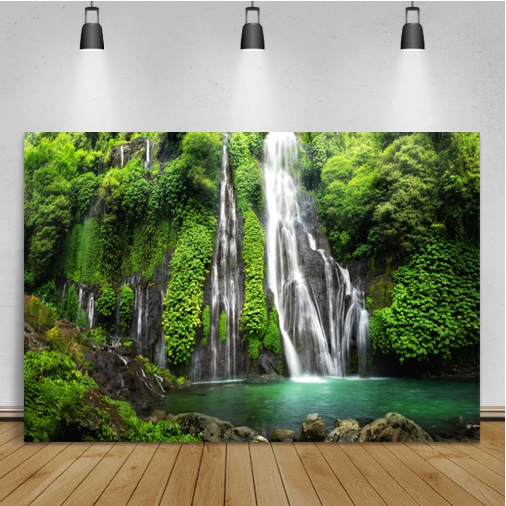 Summer Natural Scenery Backdrop Waterfall Flowers Trees Lake  Landscape Decor Photography Background Portrait Photophone Props