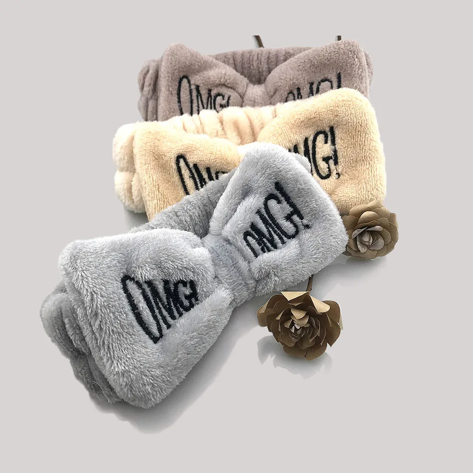 2020 Women New Letter Omg Coral Fleece Soft Bow Top Knot Headband Makeup Hairbands Hair Band Girl Bandana Fashion Accessories