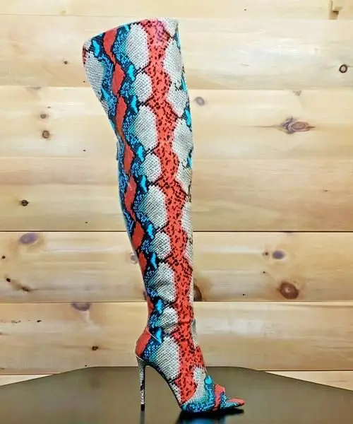 

Luxury Women's Tight Boots 35-45 Colorful Snake Print Women Shoes Woman Sexy Thin High Heels Summer Boots Over The Knee Boots