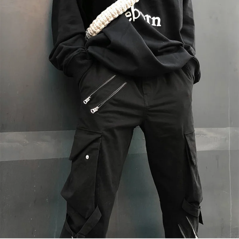 Frühling Herbst Hip Hop Männer Hosen Schwarz Harajuku Mode Verband Fake-reißverschlüsse Cargo Hosen Tasche Männlichen Hose Japanischen Streetwear