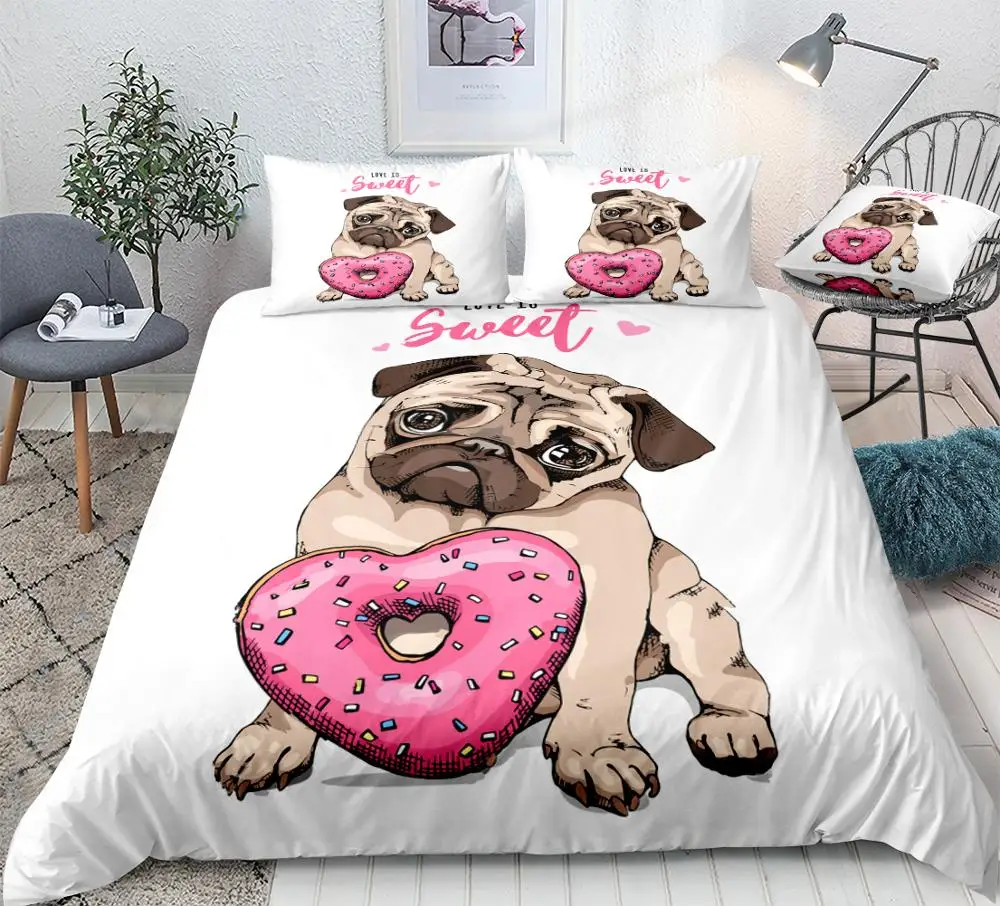 Pug Bedding Set Cartoon Pet Duvet Cover Set White Quilt Cover for Kids Cute Dog Donuts Bed Set Puppy Cowboy Home Textiles