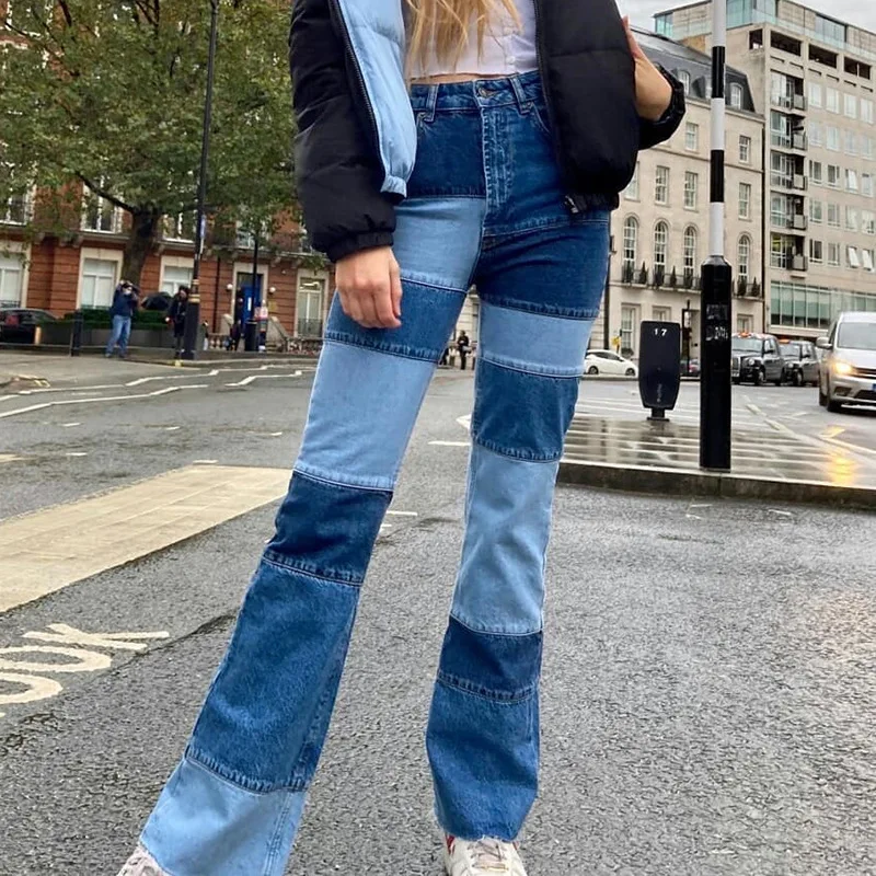 Blue Patchwork Two Tone Jeans Women Spring 2021 Fashion High Waist Bell Bottom Jeans Female Vintage Denim Flare Pants Streetwear