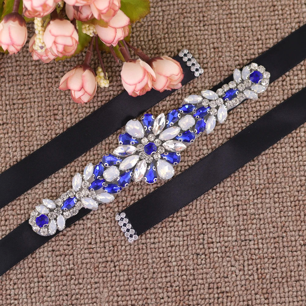 100% Handmade Luxury Royal Blue Rhinestone เข็มขัดแต่งงานเจ้าสาวเข็มขัดเข็มขัดอัญมณี Sparkle เข็มขัด Sashes เจ้าสาวงานแต่งงาน...