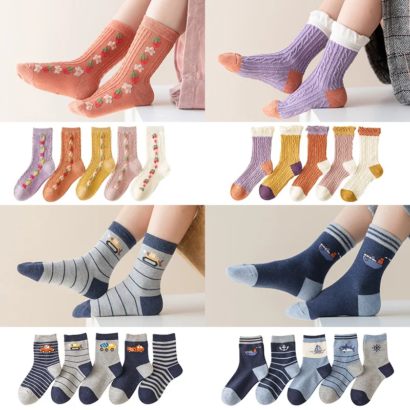 

5 Pairs/Lot Autumn Winter Warm Children Socks Girls Boys Cartoon Cotton Mid Socks Baby Kids Stripe Sports Socks 2-10 Years