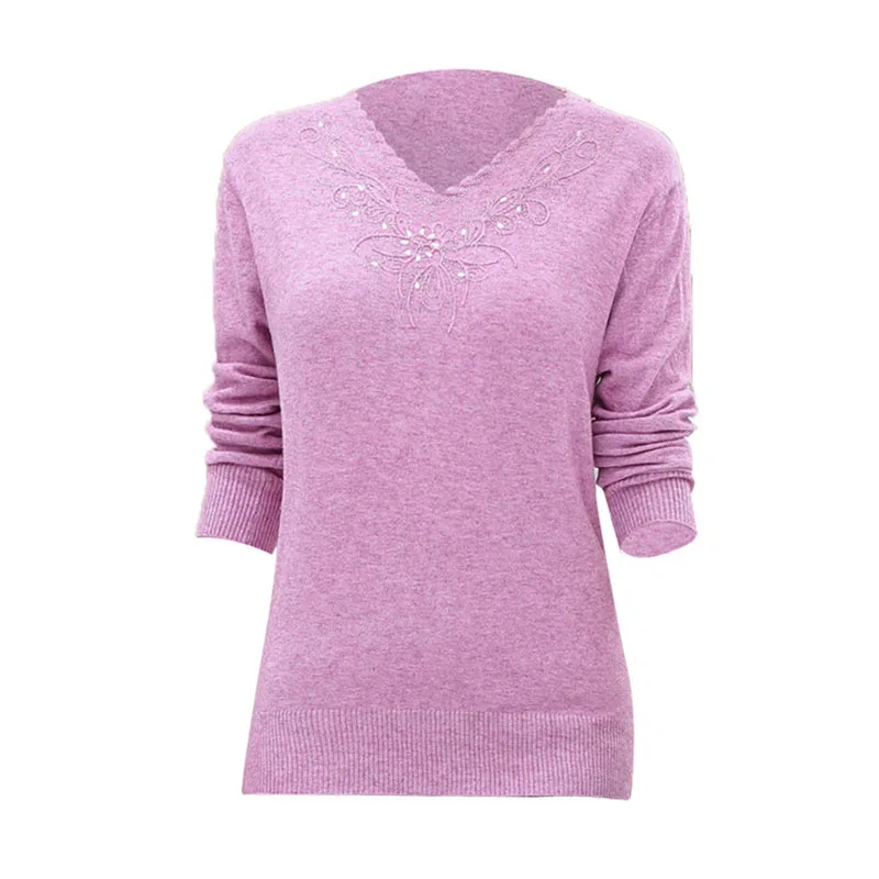 Middle-aged Women Sweaters Pullovers Loose Long-sleeve V-neck Knitted Wool Basic Shirt Diamond Sweater Mother Knitted Tops W1755