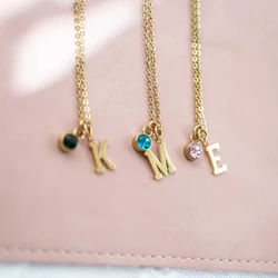 14KGold initial and birthstone necklace, stainless steel letter and birthstone necklace, gift for her, personalised necklace