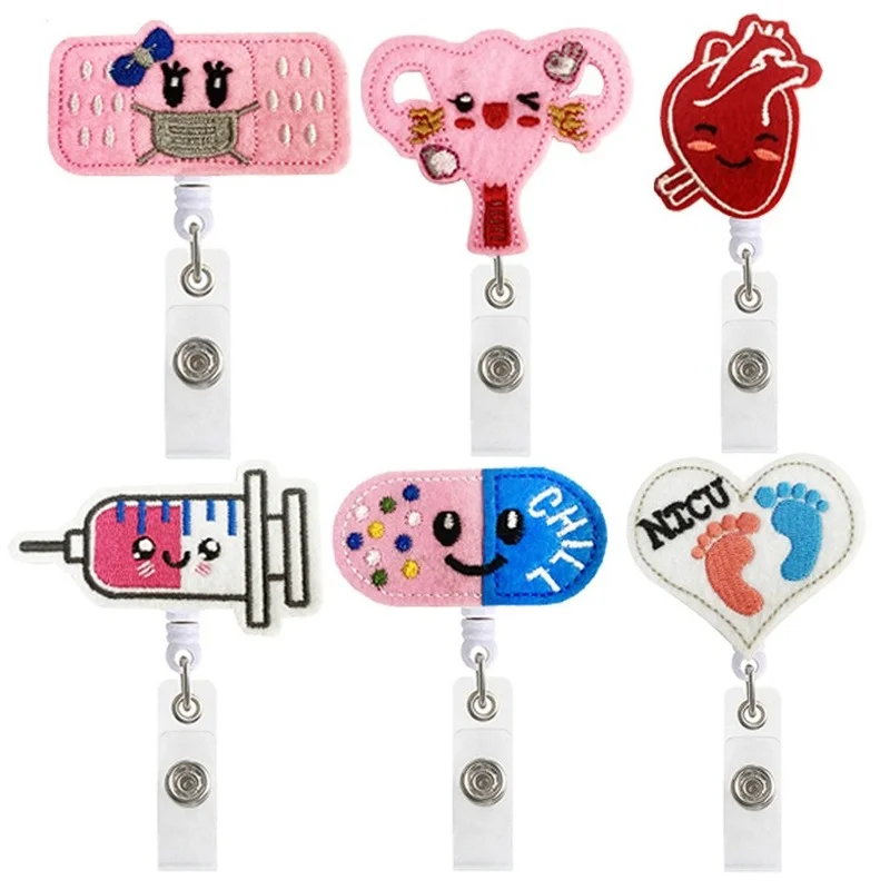 

Doctor Burse Name Badge Reel Felt Cloth Embroidery Retractable Easy Pull Buckle ID Tag Staff Work Card Chest Pocket Clip