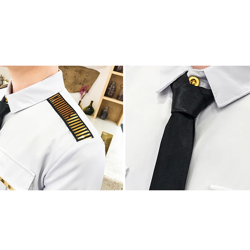 Luxury Shirts Men Women Short Sleeve Slim Fit Shiny Pilot Epaulets Party NightClub Fashion Tuxedo Shirts KTV Work Social Shirt