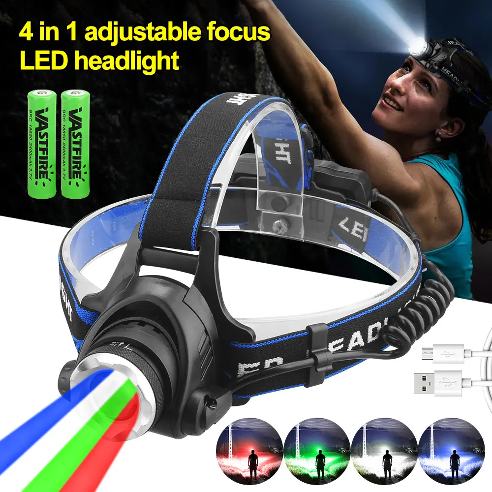 4 in 1 Multi-light Headlamp Red/Green/Blue/White XPG LED Head Torch Adjustable Focus USB Charging Headlight for Fishing Camping