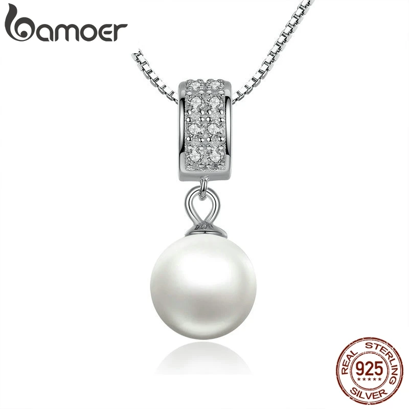 

BAMOER 925 Sterling Silver Simulated Pearl Pendant Necklace Long Chain Necklace Jewelry Wedding Necklace Accessories SCN030