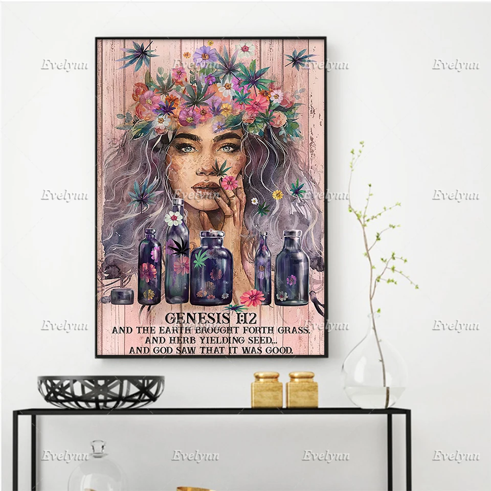 Hippie Flower Girl  Genesis 1 12 And The Earth Brought Forth Grass Poster Smoking Weed Girl Wall Art Prints Home Decor Canvas