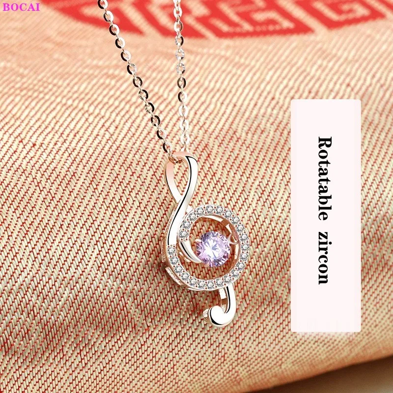 BOCAI S925 Sterling Silver Necklace for Women Musical Note Inlaid Zircon Pendant Plated Colored Gold Argentum Jewelry Wholesale