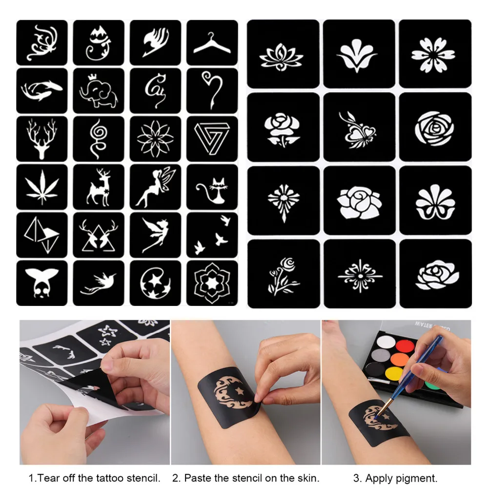 2 Sheet Reusable Tattoo Temporary Stencils Templates Set for Henna Professional Artist Wedding Birthday Party Concert Daily Use