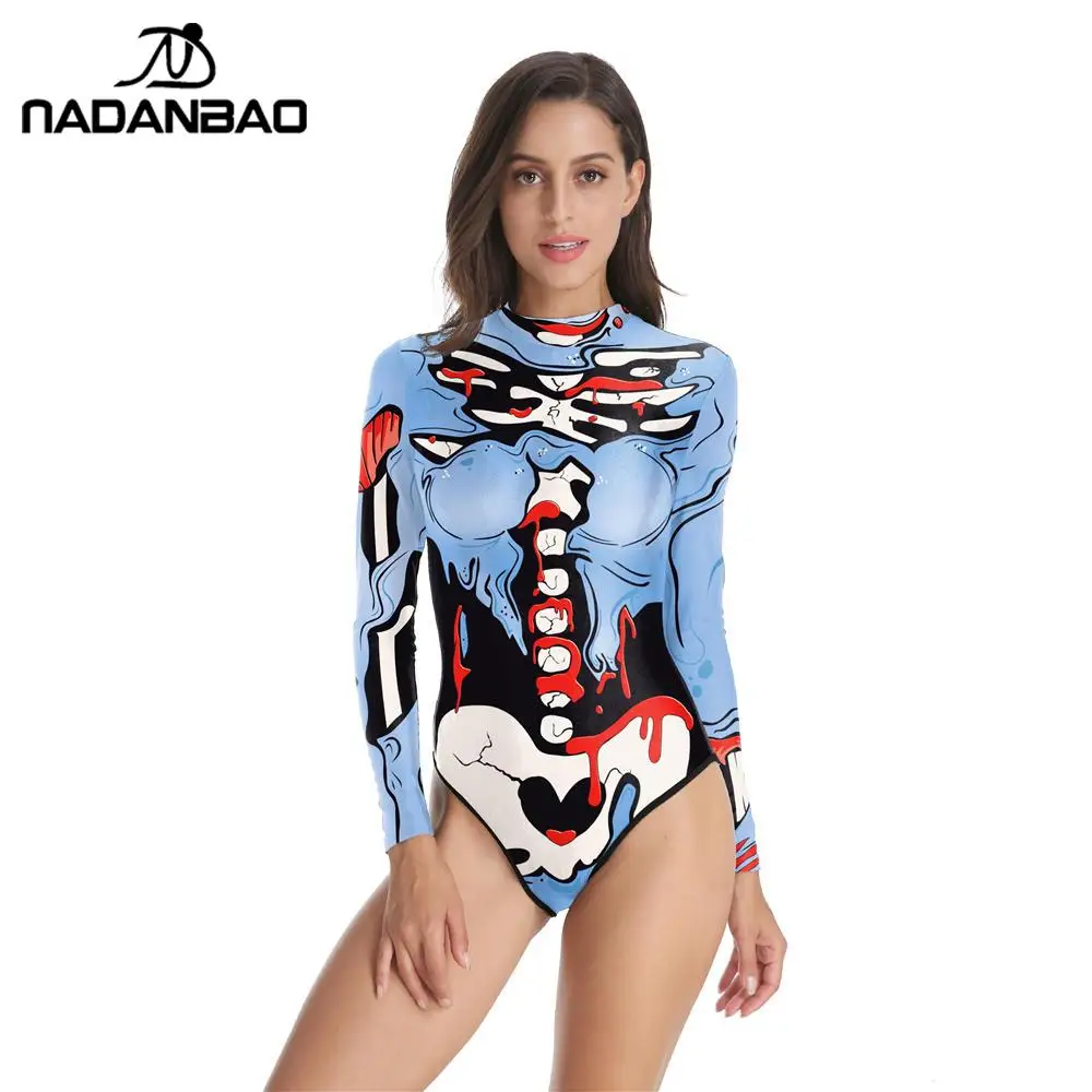 NADANBAO Swimsuit Women Long Sleeve Halloween Sexy One Piece Swimsuit Printed Sport Swimwear Beach Party Swimming Suit