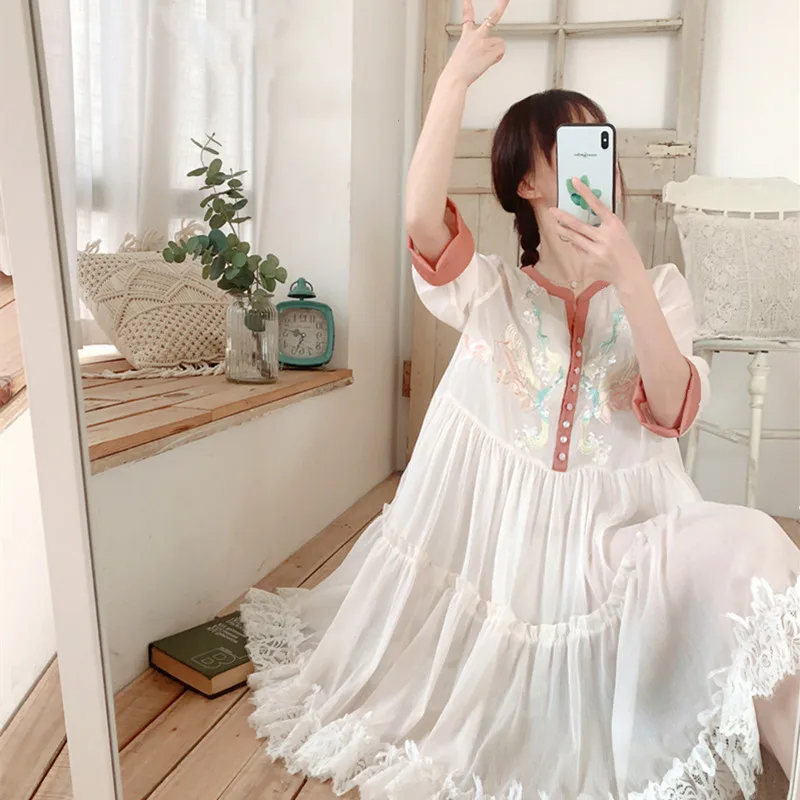 

Women Summer Mori Girl Sweet Cute Embroidery Short Korean Lace Casual Loose Oversize Imitation Silk Chiffon Dress