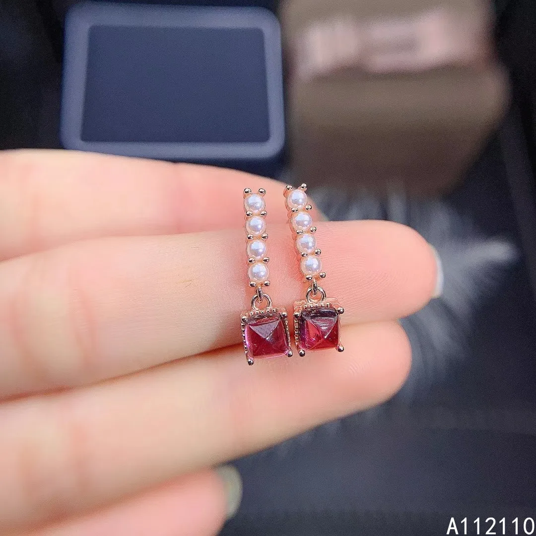 

Fine Jewelry 925 Sterling Silver Inset With Natural Gem Women's Luxury Lovely Square Pearl Pyrope Garnet Earrings Ear Studs Supp