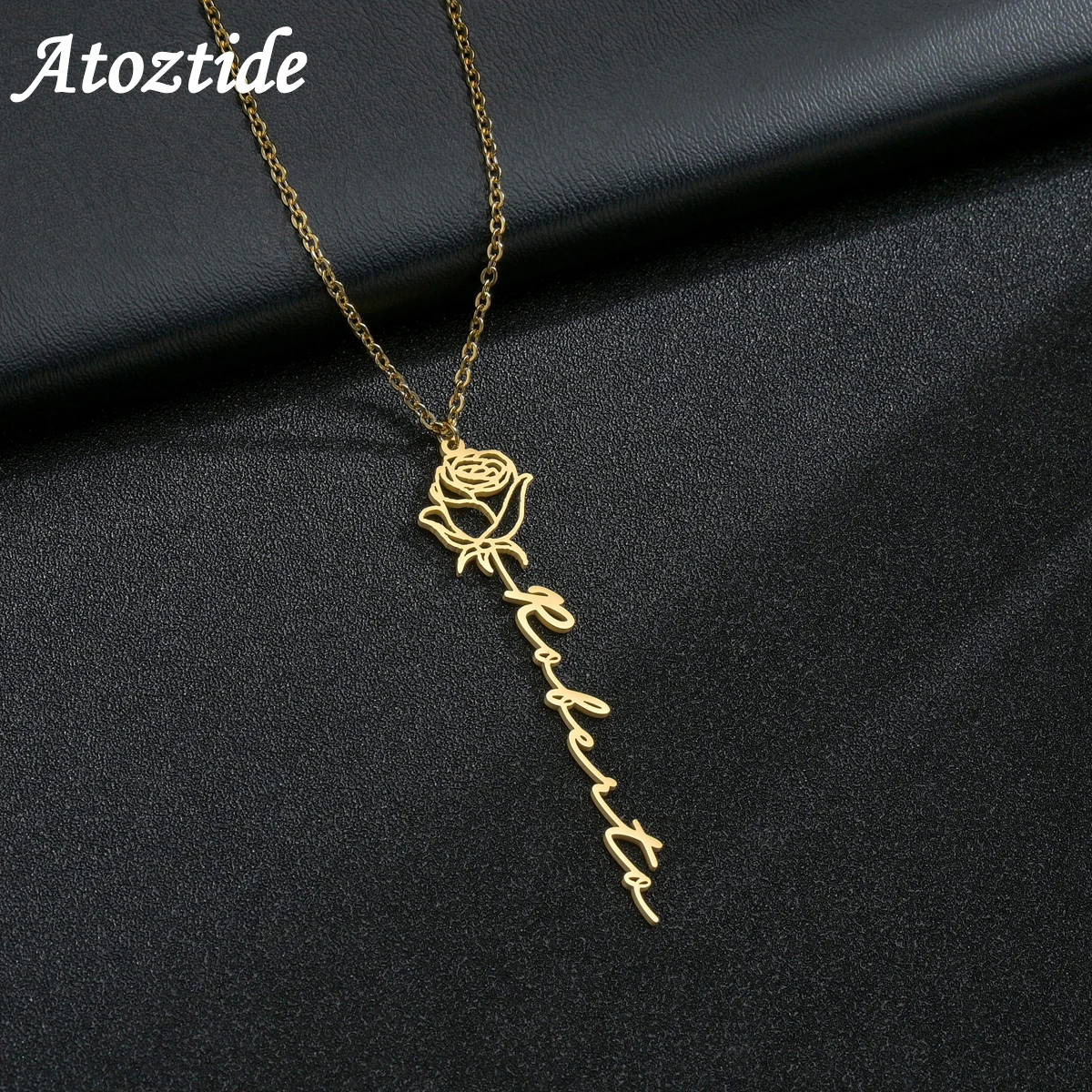 Atoztide Custom Name Necklace Stainless Steel Personalized Birth Month Flowers Nameplate Choker Pendant Chain Birthday Gifts