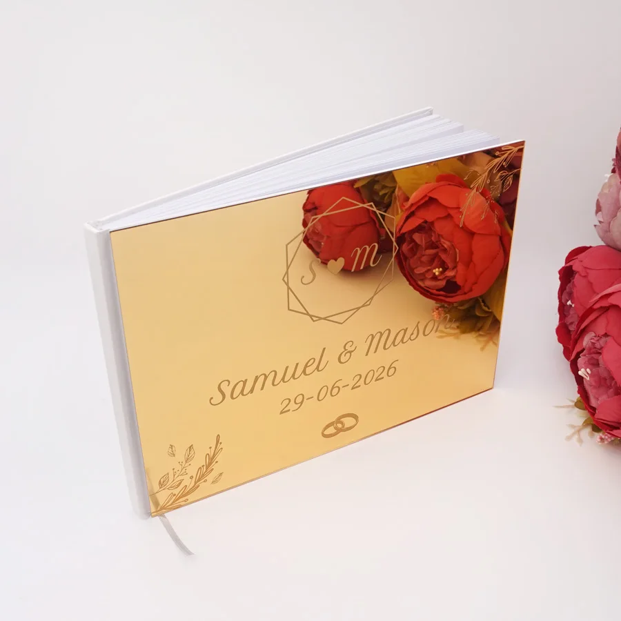 25x18cm Horizontal Double Rings Design Personalized Acrylic Mirror Cover Book Custom Wedding Signature Guestbook Check in Book