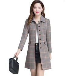 Women Plaid Wool Coat New Autumn Winter Jacket Mid-Long Slim  Ladies Single Breasted Elegant Woolen Coats Outerwear Female Tops