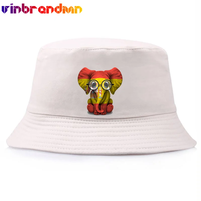 Baby Elephant with Glasses and Spanish Flag Bucket Hat Spanish Flag Unisex Panama Bucket Hat Harajuku Fishing Hat Sun Visor Hat