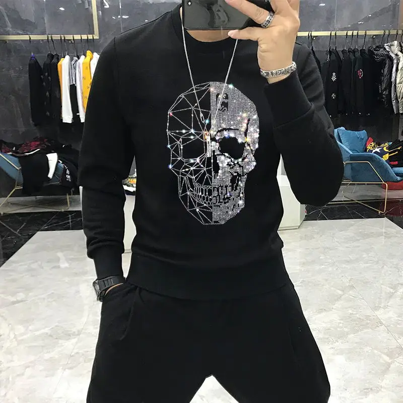 2021 Autumn And Winter Fashion Pure Cotton Warm O-Neck Men\'s Hoodie Diamond Skull Hoody Sweatshirt Casual Top M-5XL