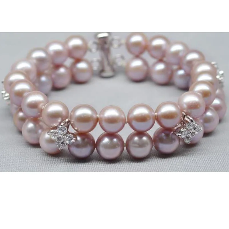 

2 strands 9-10mm south sea round lavender pearl bracelet 7.5-8" 925s