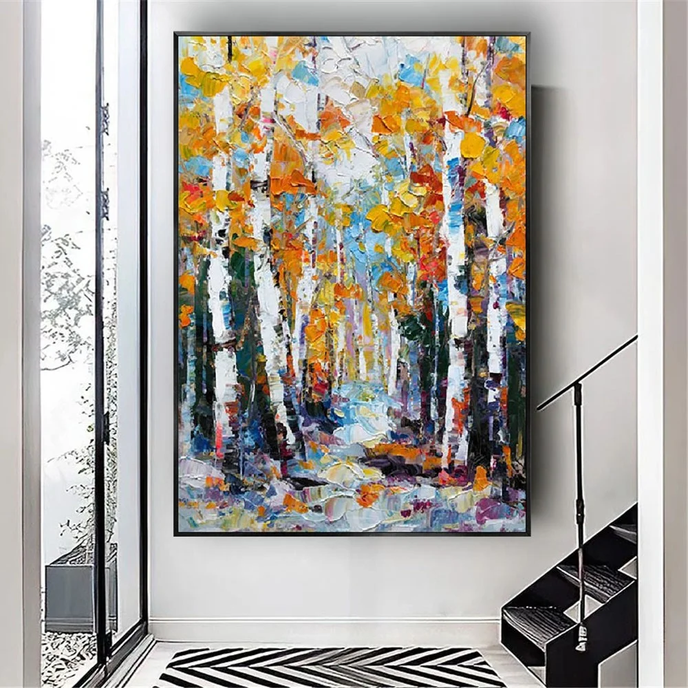 

Latest Knife Poster Landscape Oil Paintings On Wall Birch Tree Art Picture Modern Canvas Artwork For Living Room Decor Gift