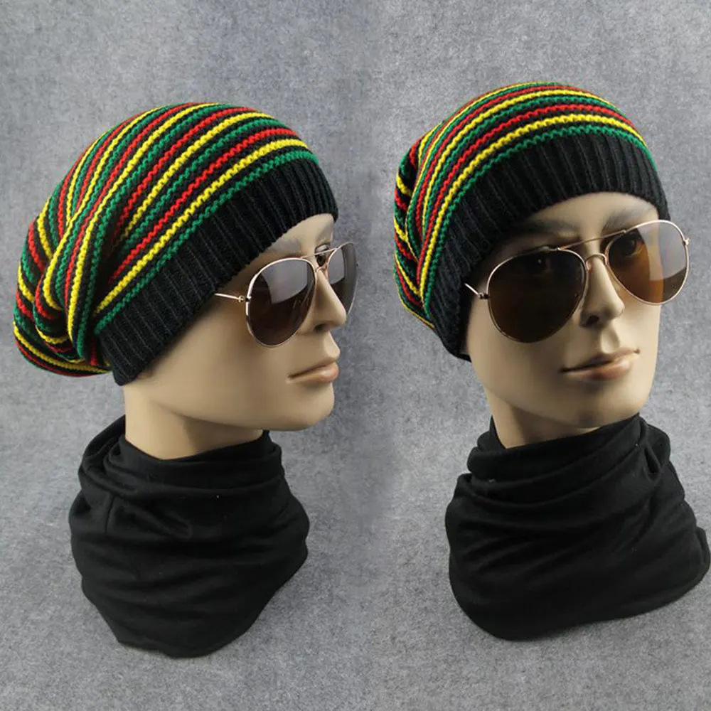 New Stylish Bob Marley Reggae Hat Jamaican Pom Slouch Baggy Beanie Stripe Brim Cotton Winter Warmer Visor Stripe Cap 2022