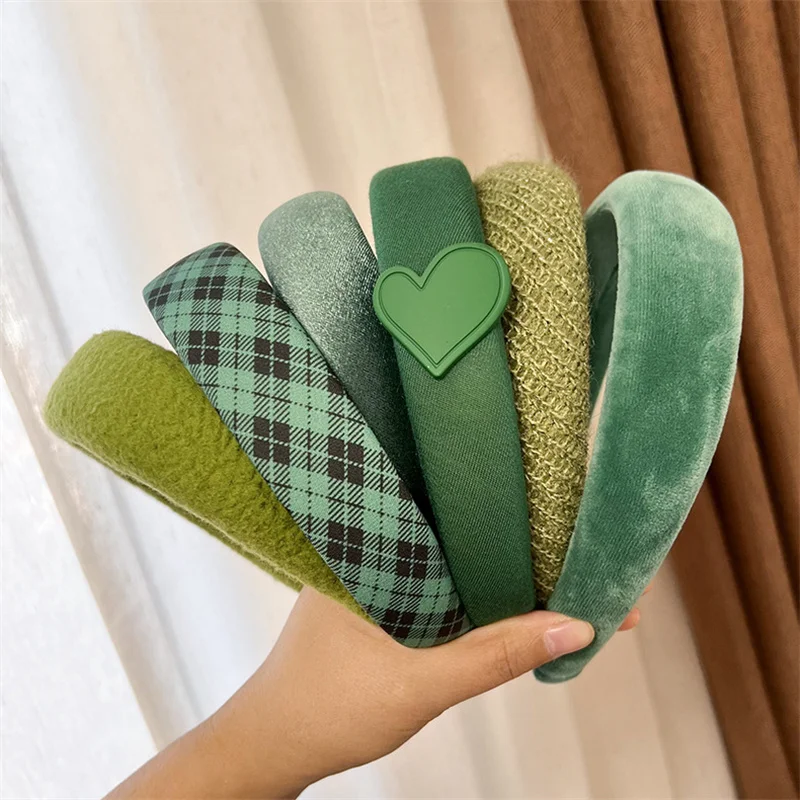 Fashion Korea INS Green Padded Womens Headband Woolen Autumn/Winter Hair Band Headwear Girl Wide Side Hair Hoop Hair Accessories