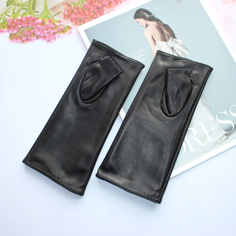 New Women Fashion Long Genuine Leather Black Sheepskin Driving Outdoor  Fingerless Gloves Spring and Autumn