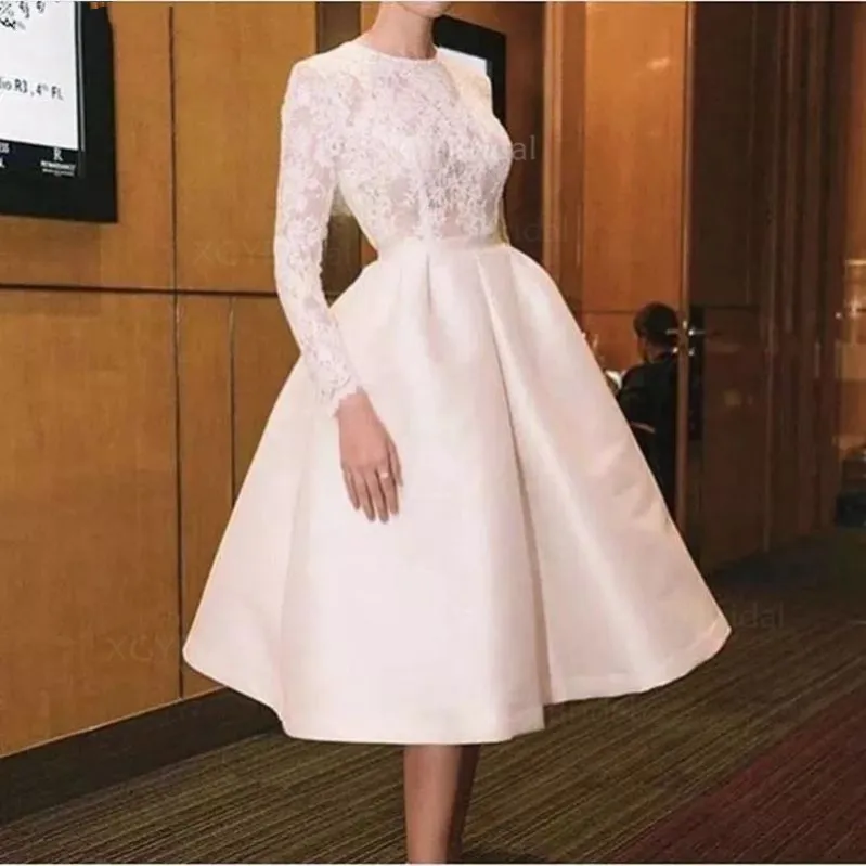 New Arrival Dubai Muslim Short Evening Dress Lace Neck Full Sleeves Tea Length Formal Party Gowns Vestidos De Feast