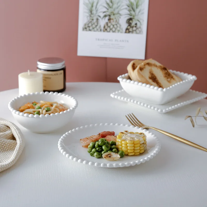 Japanese Style White Bead Ceramic Plate Bowl Set, Cake Dessert Plate, Small Square Bowls for Snack Food Crockery