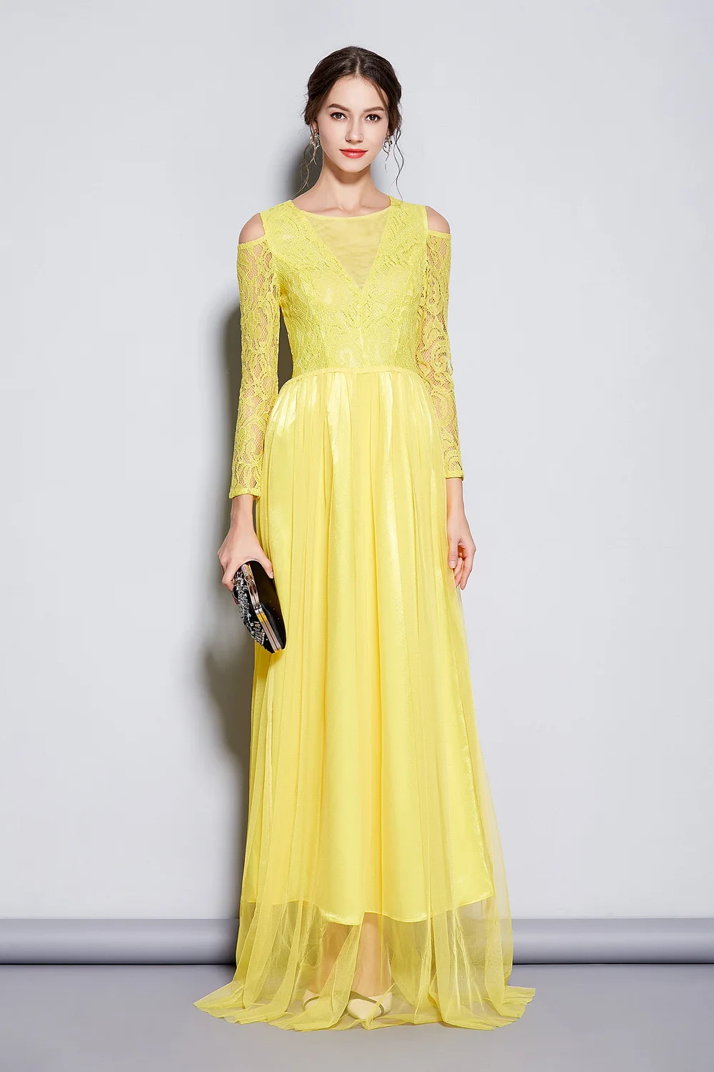 Homecoming dress Lace&Grenadine long-sleeved round neck with Draped Illusion Floor-Length Elegant&Charming long dress