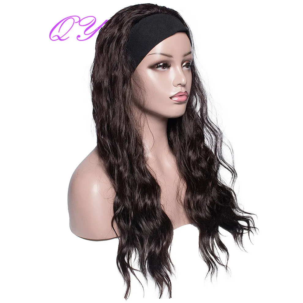 QY Hair Long Natural Wave Headband Wig Synthetic Wigs For Women Dark Brown Color Black Wrap Daily Ladies Wig