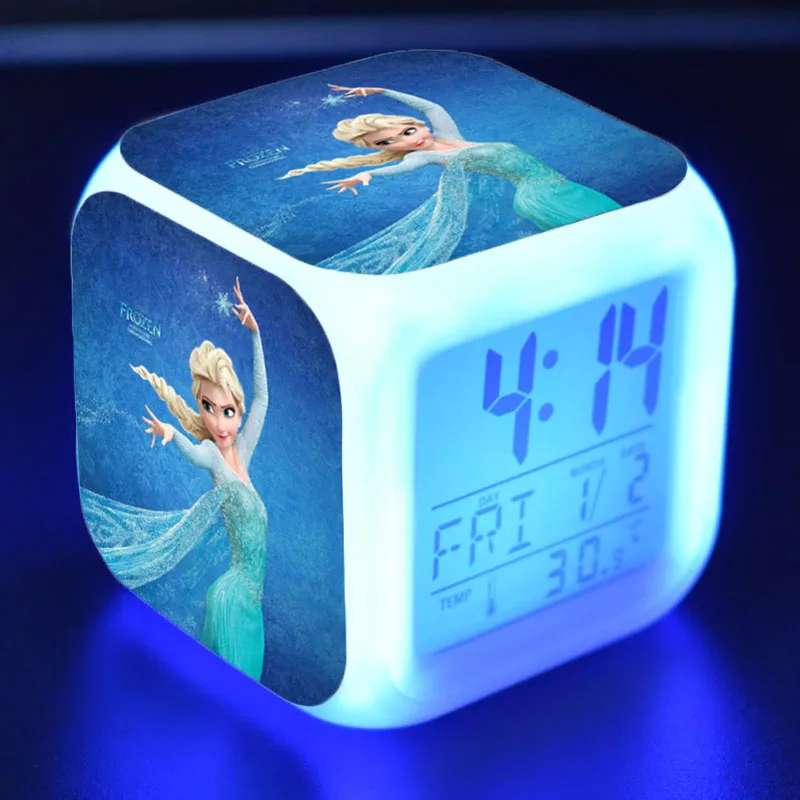 Frozen 2 Colorful LED Luminous Creative Alarm Clock Disney Anime Figure Elsa Anna Olaf Pattern Girls Toys Child\'s Birthday Gifts