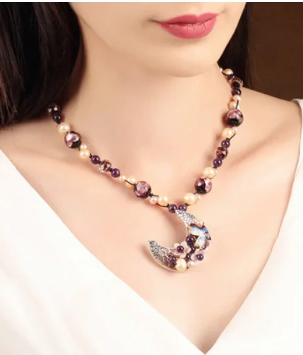 

Ethnic style necklace freshwater pearl amethyst accessories retro clavicle chain short crescent pendant