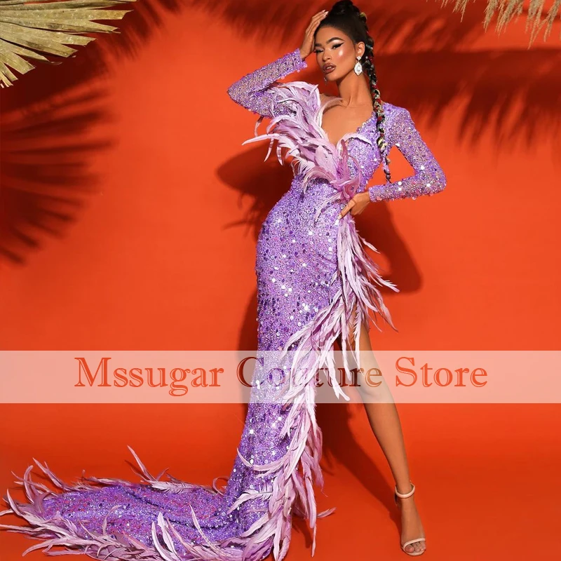 2021 Verbazingwekkende Veren Mermaid Avondjurken Pailletten Kralen Sweetheart Longsleeves Celebrity Jurk Vestidos Fiesta Noche