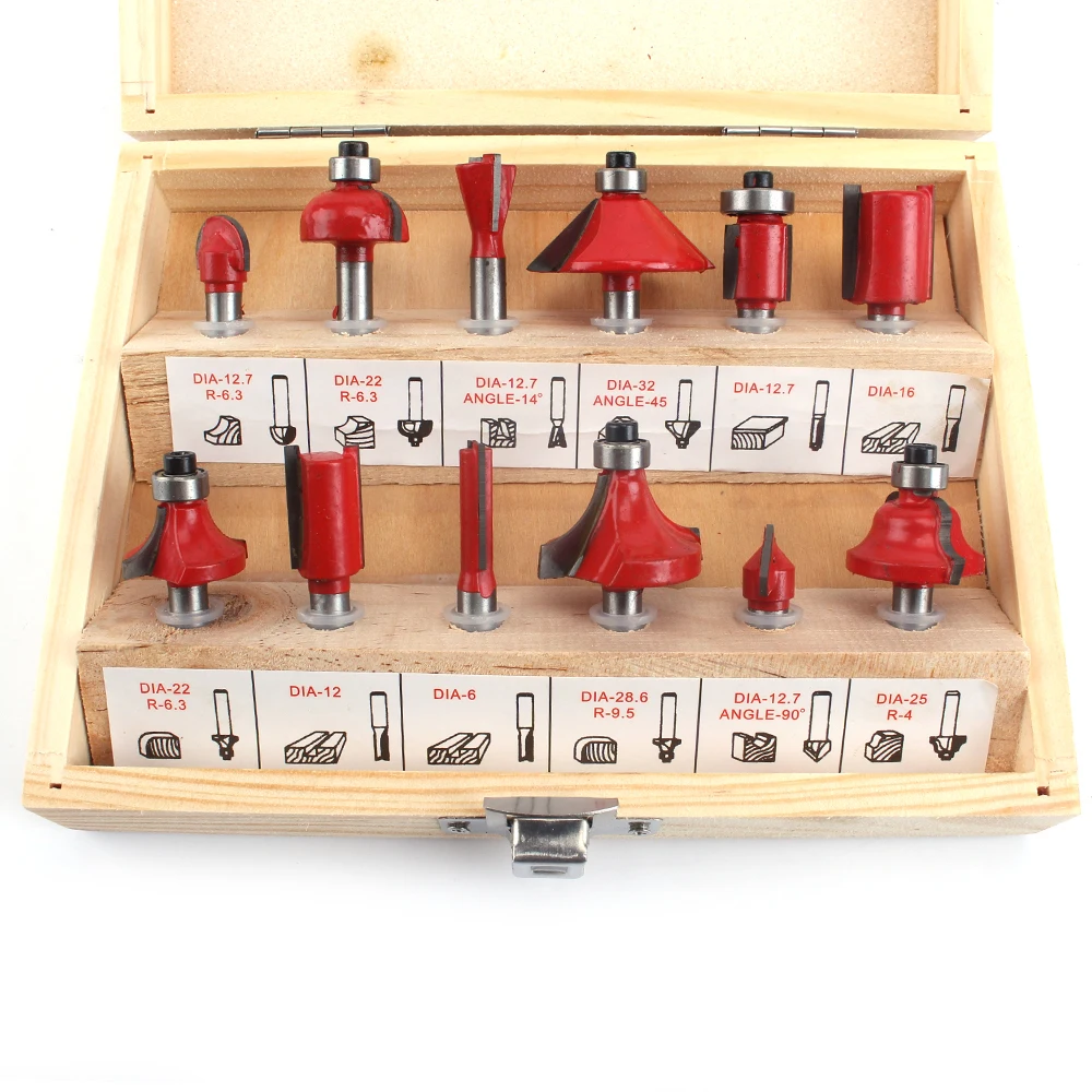 12 pçs 12.7/6.35mm shank fresa conjunto de carboneto roteador bit aparar carpintaria bits para afiação de madeira ferramentas manuais kit