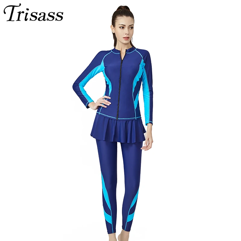 Trisass2020 New Women Three Piece Skirt Swimsuit L-6XL Sport Boxers One Piece Swimwear Long Sleeve Bodysuit Long Pants Surf Suit