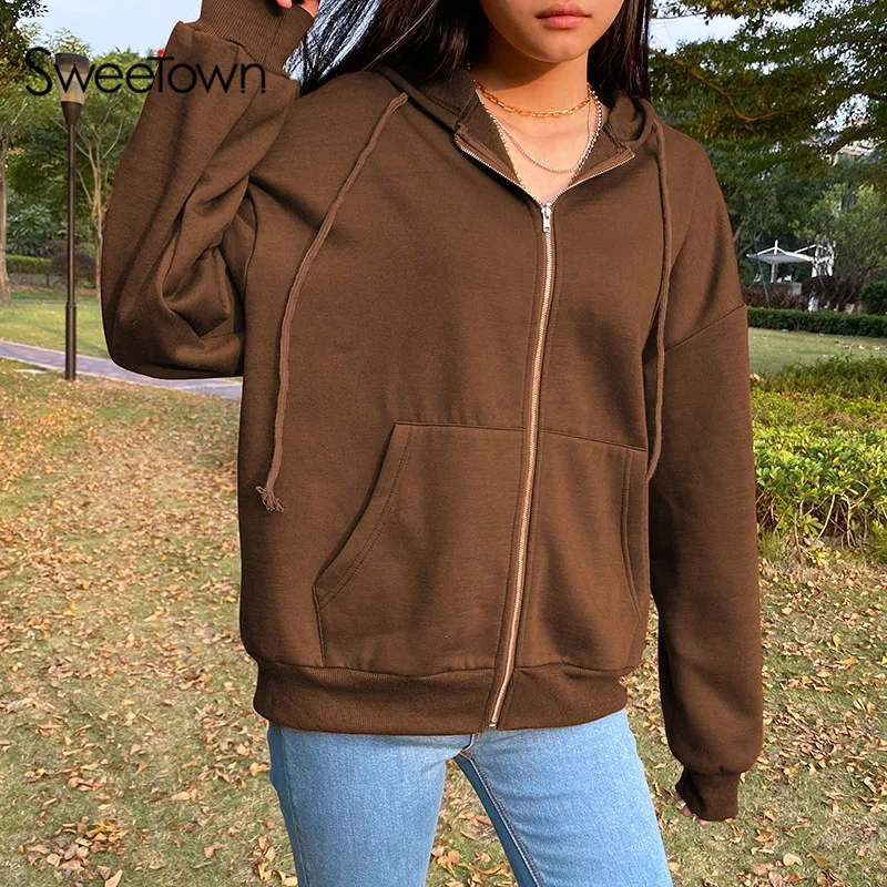 Sweetown Brown New Aesthetic Hoodies Women Vintage Zip Up Sweatshirt Winter Jacket Clothes Pockets Long Sleeve Hooded Pullovers