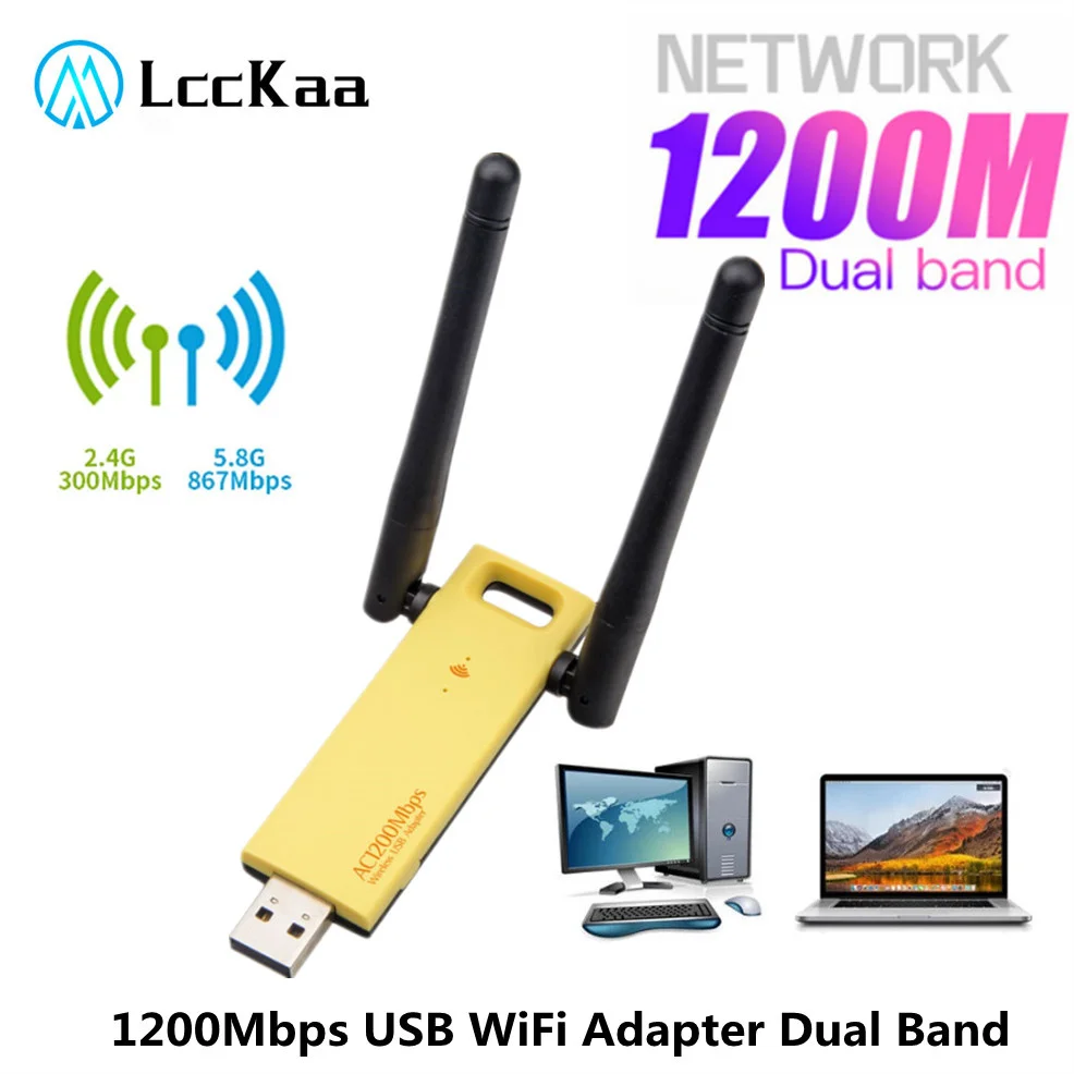 LccKaa 1200Mbps USB 3.0 Adaptor Wifi Dual Band 5GHz 2.4Ghz 802.11AC RTL8812 Antena Wifi Dongle Kartu Jaringan untuk Laptop Desktop