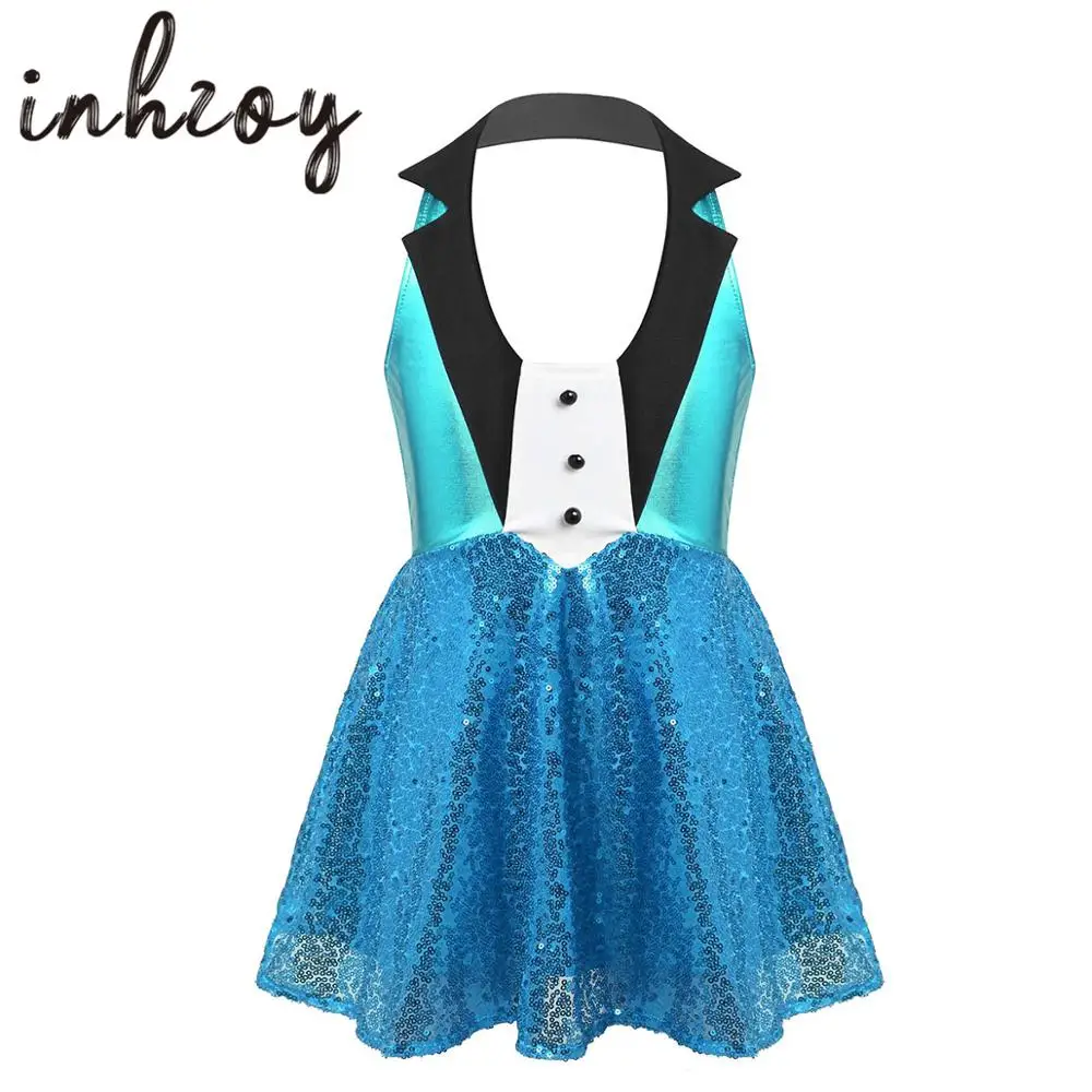 Kids Girls Jazz Dance Dress Shiny Sequins Halter Lapel Neck Ballet Gymnastics Dress Children Stage Performance Tap Dance Costume