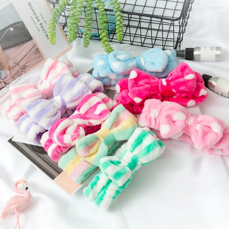 Women Stripes Pattern Soft Skin Care Single PP Bag Packing Coral Fleece Sports Shower Make Up Facial Bow Knot Velvet Headbands