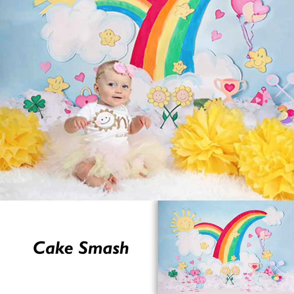 Blue sky and Rainbow Birthday Backdrop Newborn Kids Children Cake Smash Portrait Background for Photo Studio Photocall Props