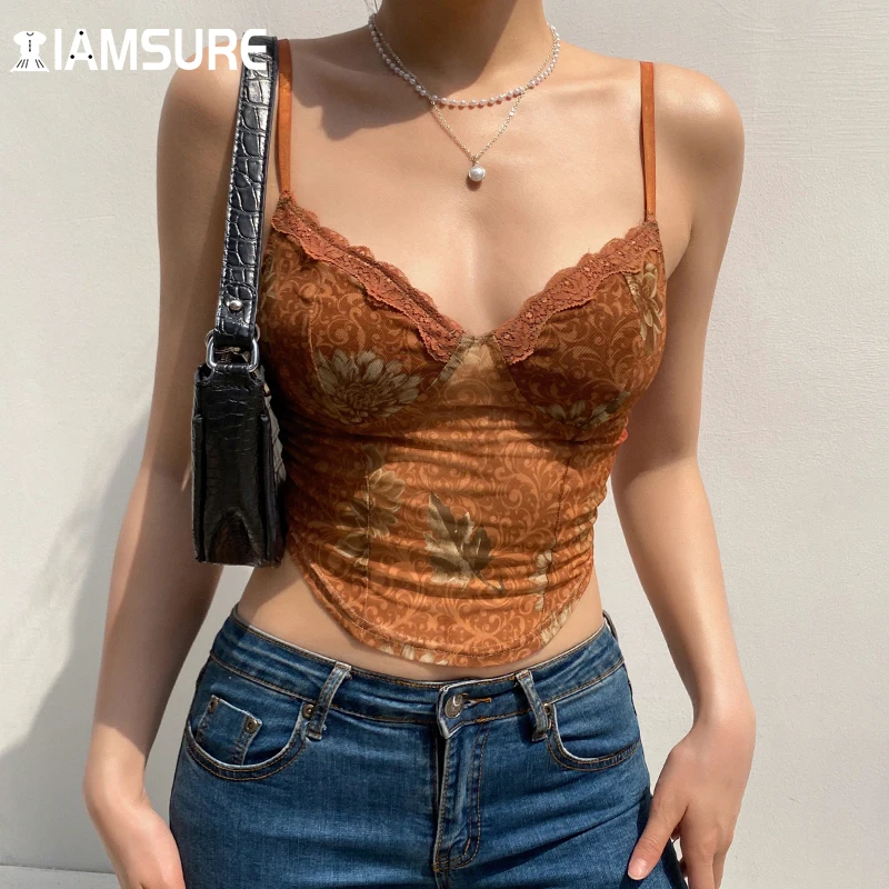 IAMSURE Sexy Prairie Chic Mesh Camis Top See Through Lace Trim Aleeveless V-Neck Crop Tops Women 2021 Fashion Slim Tank Top 90S