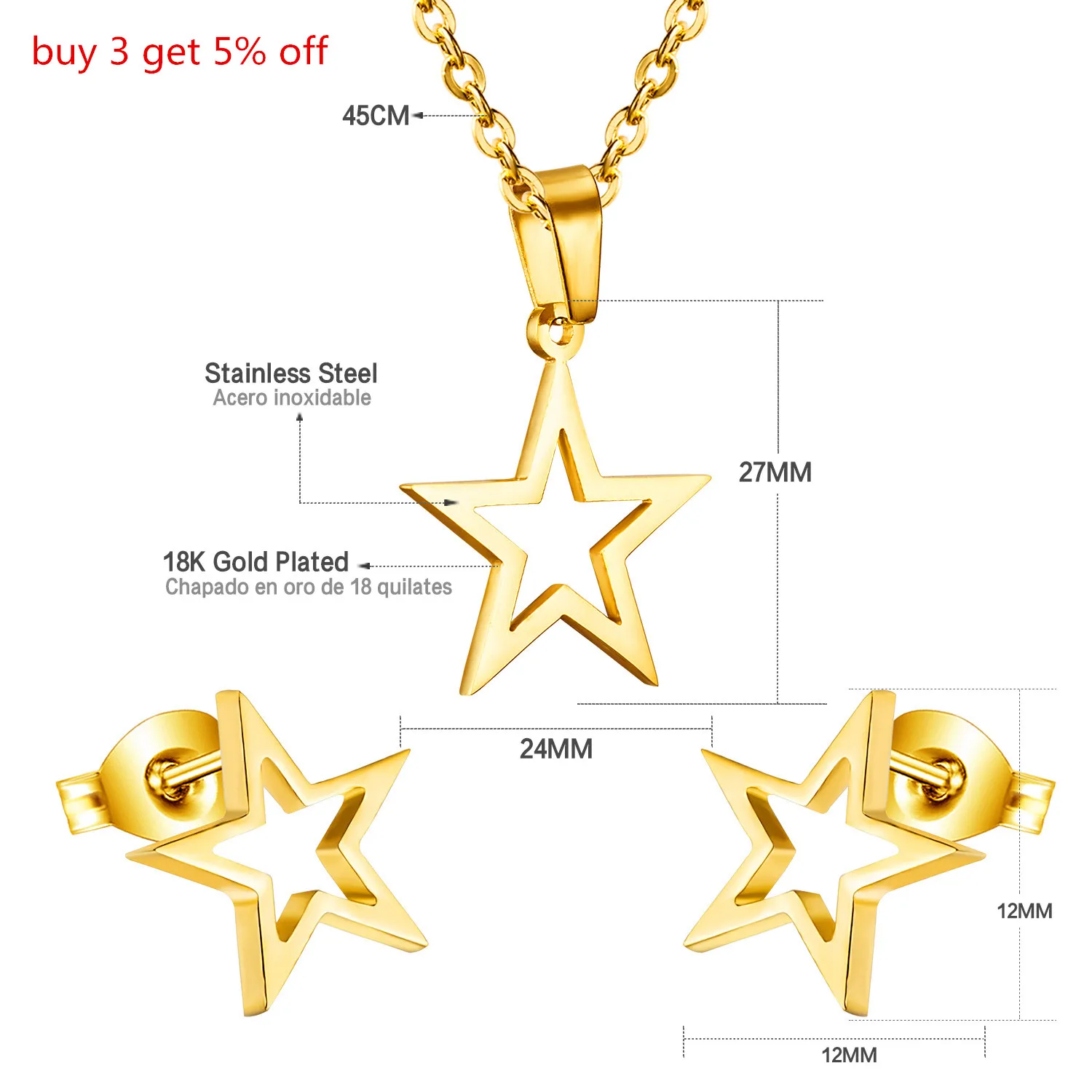 LUXUKISSKIDS Golden Stianless Steel Star Jewelery Sets Wedding Bridal Earrings and Pendant Necklace for Women/Girls Dubai Bijoux